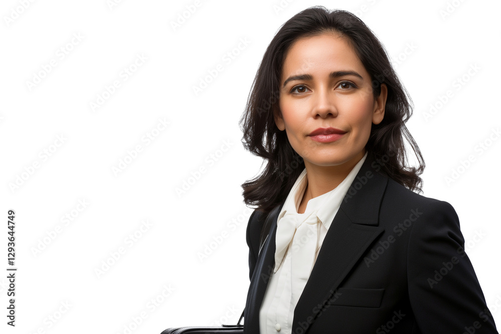 Authoritative middle-aged Latina corporate lawyer with briefcase isolated on transparent white background Authoritative middle-aged Latina corporate lawyer with briefcase isolated on transparent white background