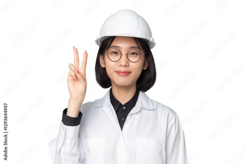 East Asian female engineer showing piece sign isolated on transparent white background East Asian female engineer showing piece sign isolated on transparent white background