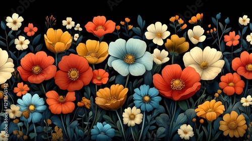 Vibrant floral border in dark garden