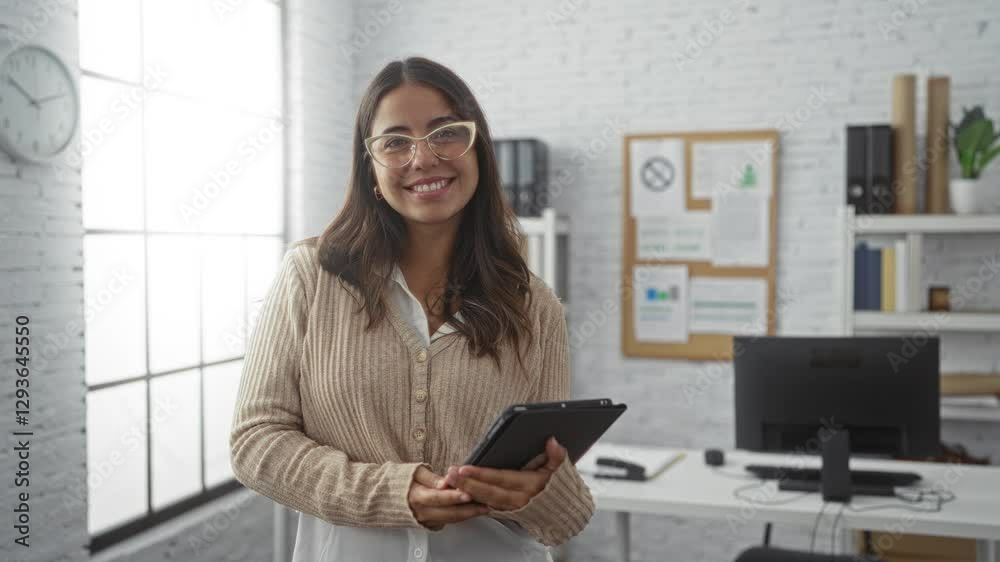 Woman smiling in modern office holding tablet wearing glasses in bright workplace featuring desk shelves and clock against white brick wall. Woman smiling in modern office holding tablet wearing glasses in bright workplace featuring desk shelves and clock against white brick wall.