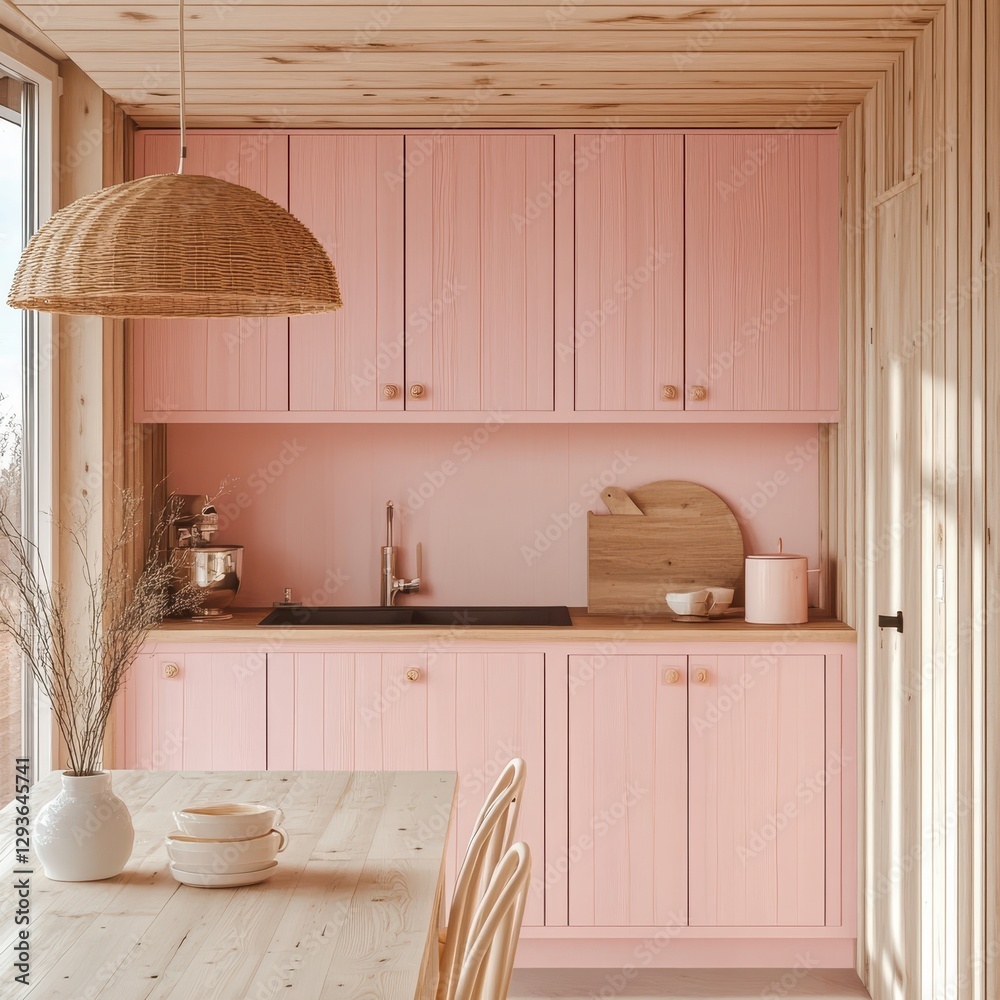 Fototapeta premium A modern pink kitchen with minimalist design and lighting
