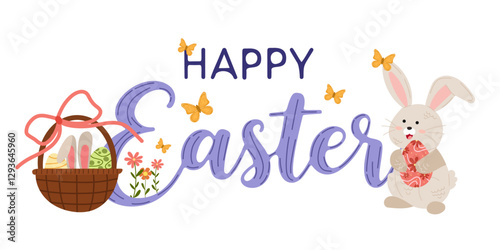 Festive Easter illustration with "Happy Easter" and cute bunny holding Easter egg, basket with decorated eggs and butterflies. Funny symbols of Easter holiday in vector flat style. For postcards.