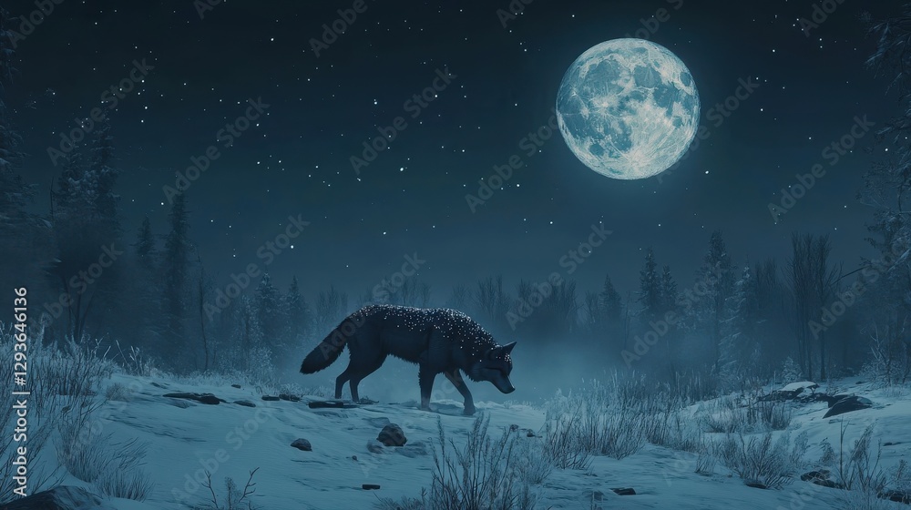 A lone wolf traverses a snowy terrain under a full moon A lone wolf traverses a snowy terrain under a full moon