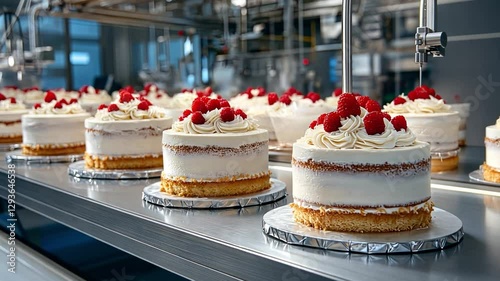 Cake Production Line: A close-up of a bakery production line, showcasing meticulously decorated cakes with fresh red raspberries, on a conveyor belt.