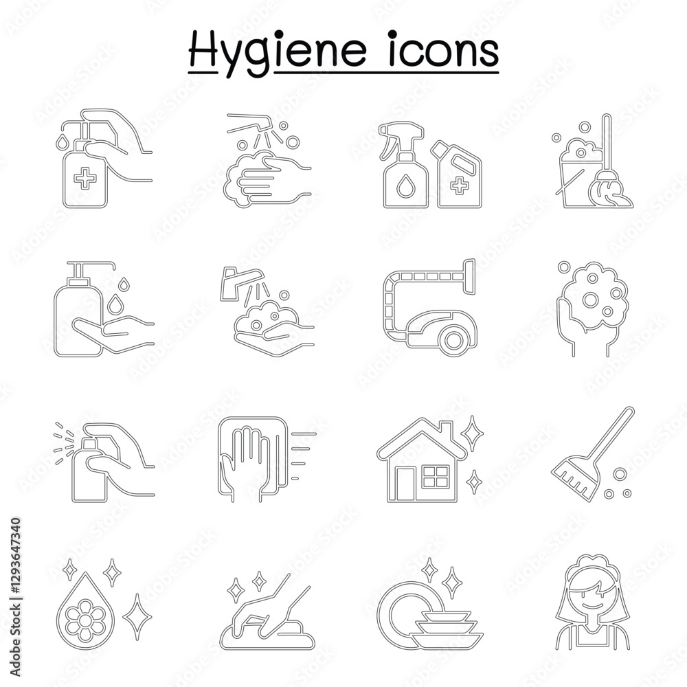 Set of Hygiene related vector line icons. contains such Icons as Hand washing, cleaning, healthcare, soap, wipe, sanitary, broom, and more. Set of Hygiene related vector line icons. contains such Icons as Hand washing, cleaning, healthcare, soap, wipe, sanitary, broom, and more.