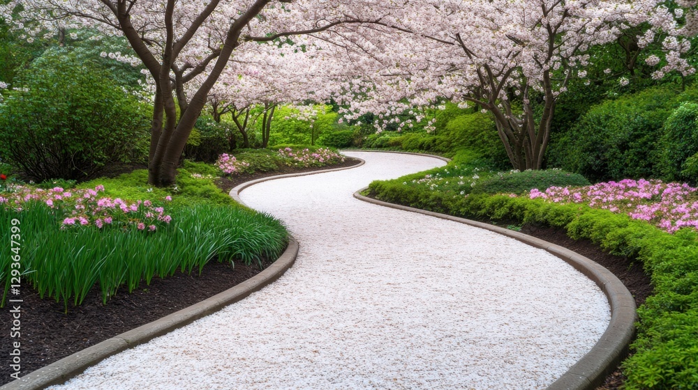 Fototapeta premium A winding garden path covered in fallen cherry blossoms, surrounded by vibrant spring flowers