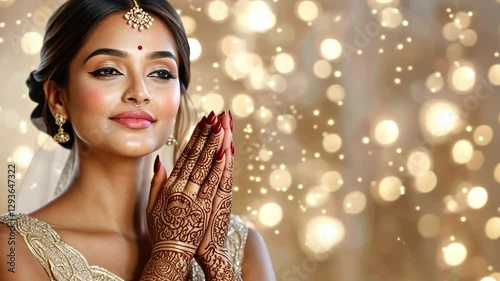 Bridal Radiance: A radiant Indian bride with intricate henna designs adorning her hands, her eyes shimmering with joy against a backdrop of twinkling lights.