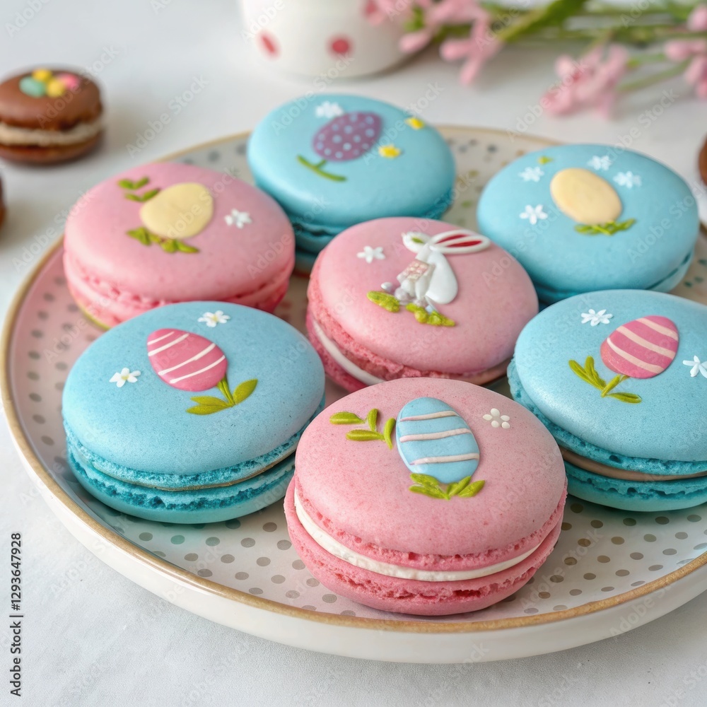 Obraz premium Easter macarons on a decorative plate with pastel colors and festive patterns