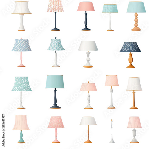 Flat style seamless pattern of standing lamps isolated on a white background. cutout png