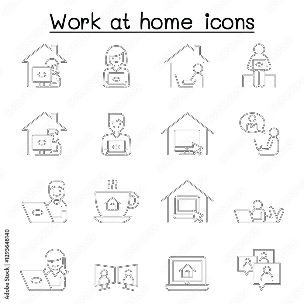 Set of Work at home line icons. contains such Icons as, business people, video conference, online meeting, business people, freelance, stay home campaign and more. Set of Work at home line icons. contains such Icons as, business people, video conference, online meeting, business people, freelance, stay home campaign and more.