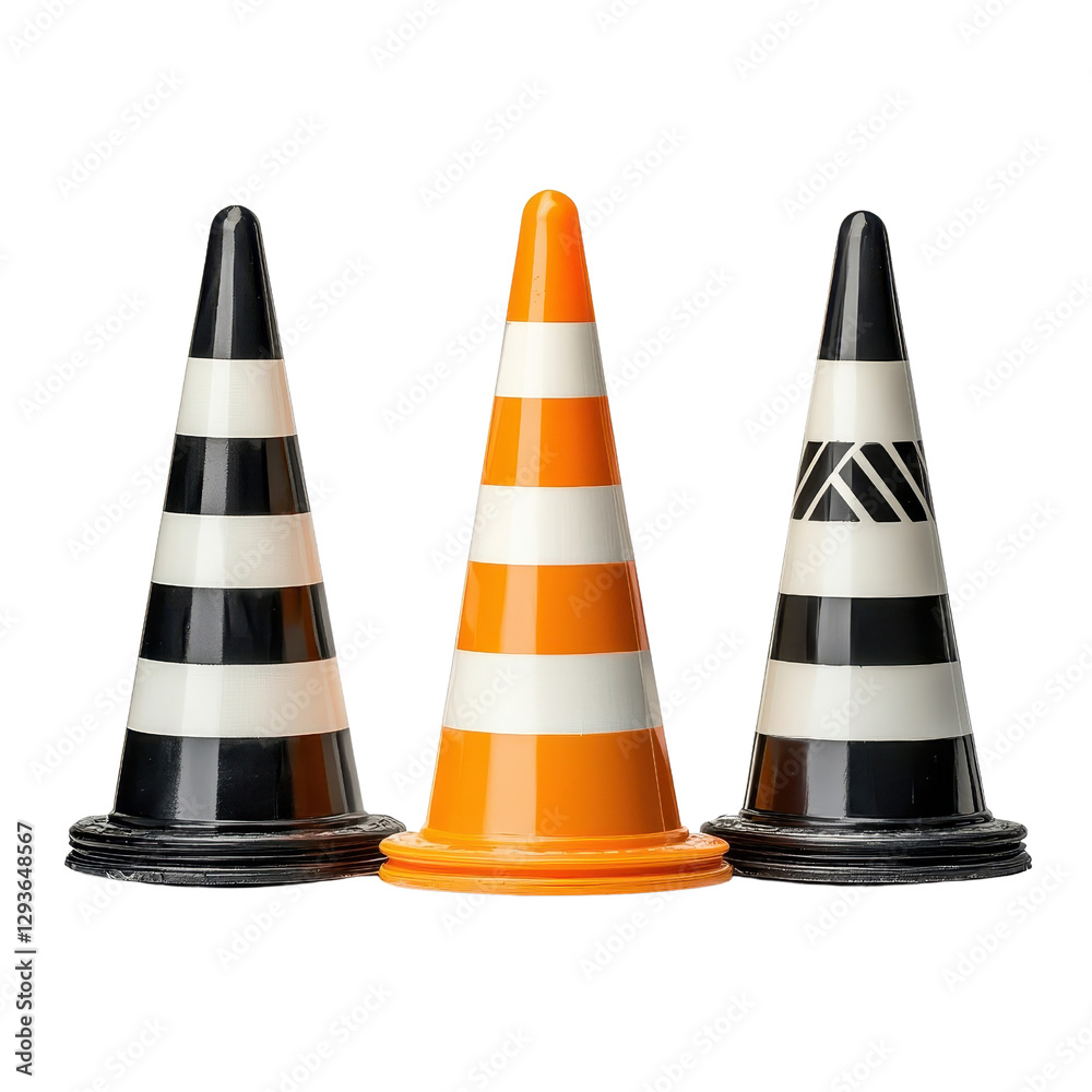 A set of traffic cones isolated on a clean white background. cutout png A set of traffic cones isolated on a clean white background. cutout png