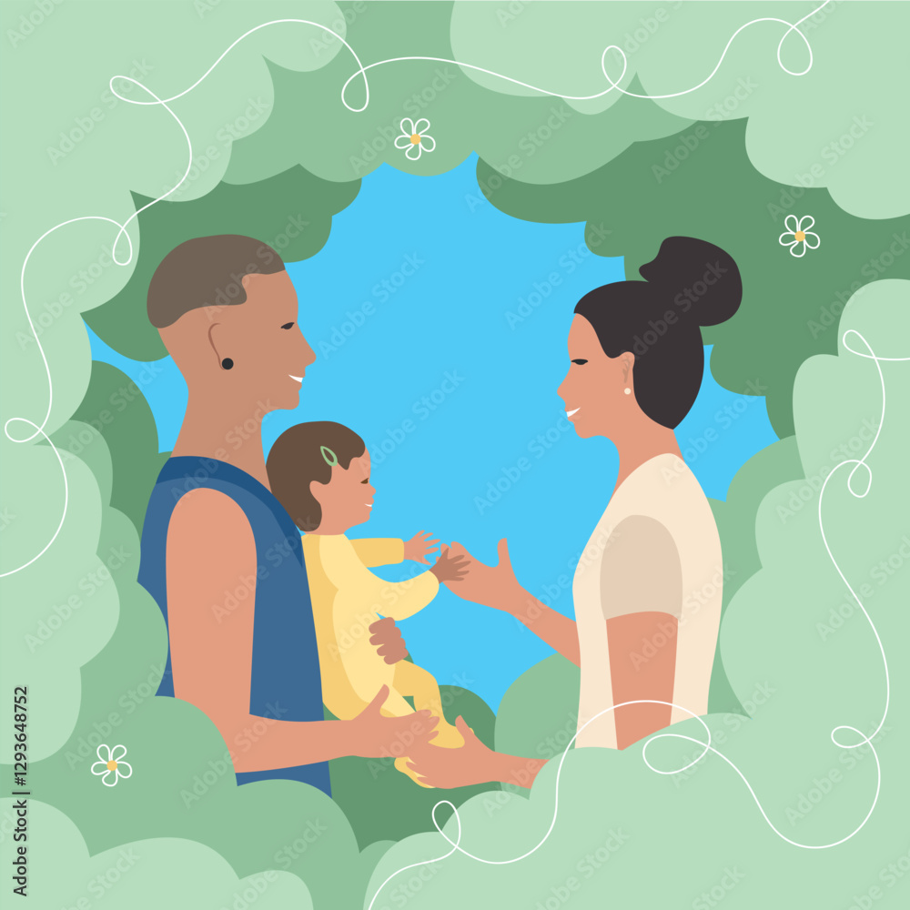 Vector illustration of a happy family couple, tenderly and carefully hugging their little child in a blooming garden. Family day, loving parents, happy childhood. Vector illustration of a happy family couple, tenderly and carefully hugging their little child in a blooming garden. Family day, loving parents, happy childhood.