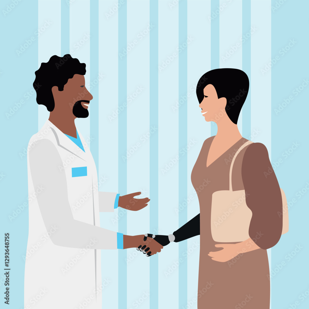 Happy girl with prosthetic arm shakes hands with doctor. Recovery, rehabilitation and adaptation of people after limb prosthetics. Thanks to doctors and nurses. Vector illustration. Happy girl with prosthetic arm shakes hands with doctor. Recovery, rehabilitation and adaptation of people after limb prosthetics. Thanks to doctors and nurses. Vector illustration.