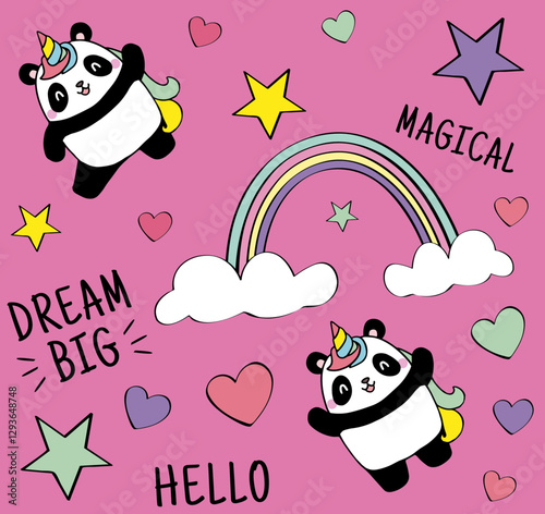 patron de pandas con  estrellas y arrcoiris sobre fondo rosado