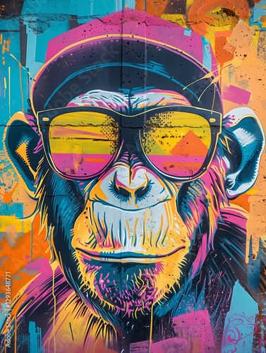 A funky graffiti art of a monkey with a cap and sunglasses, vibrant and edgy, dynamic view, graffiti-covered wall background