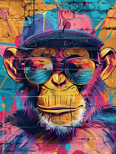 A funky graffiti art of a monkey with a cap and sunglasses, vibrant and edgy, dynamic view, graffiti-covered wall background