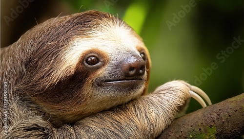 Hoffmanns TwoToed Sloth Gently Clinging in the Verdant Rainforest Canopy with Lush Greens and Warm Tones, Capturing a Peaceful Moment in the Wildlife of Central America photo