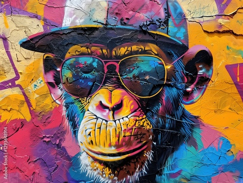 A funky graffiti art of a monkey with a cap and sunglasses, vibrant and edgy, dynamic view, graffiti-covered wall background