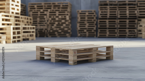 Several wooden pallets are neatly stacked in a spacious warehouse. One pallet is positioned prominently in the foreground while numerous others are visible in the background under bright lighting