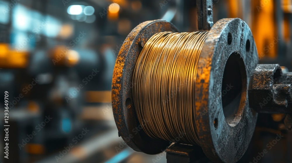 Obraz premium Welding wire reel closeup industrial workshop product photography manufacturing environment detailed view material usage
