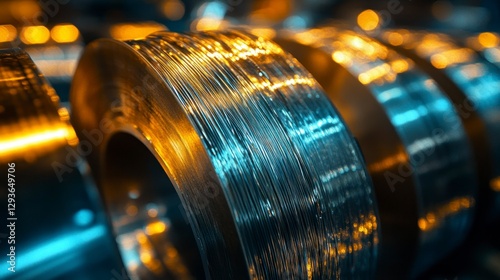 Inspection of nearly depleted welding wire reel industrial workshop close-up photography dimly lit environment detailed view