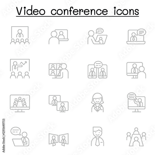 Video conference icons set in thin line style