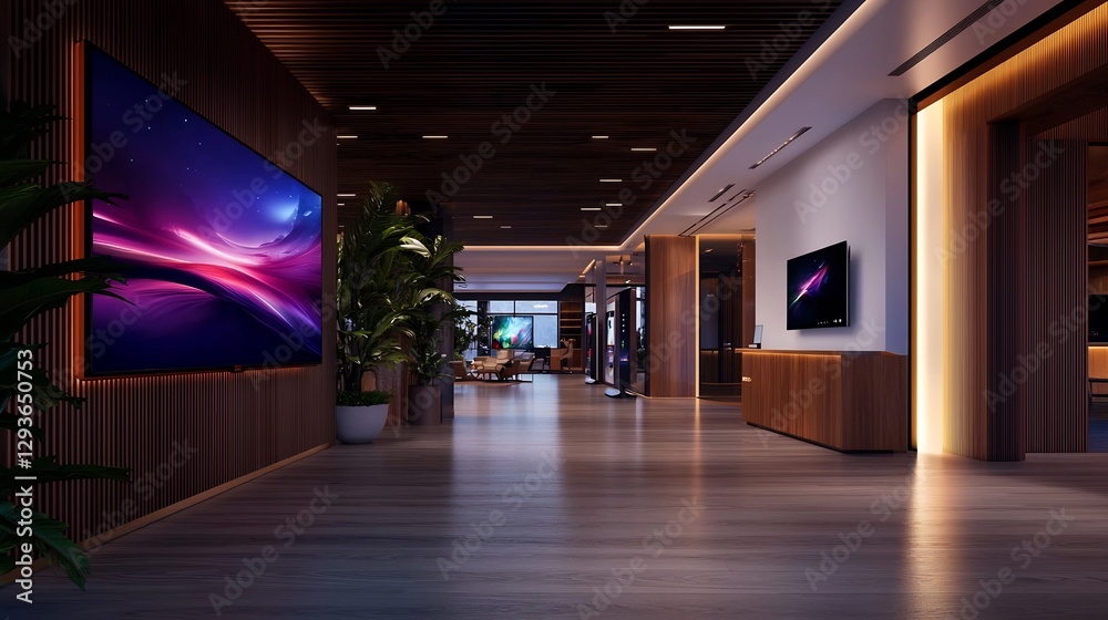 Modern Lobby Interior with Large LED Screens and Warm Lighting