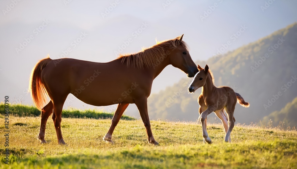 Galloping Grace A Majestic Stallion and His Foal Frolicking in a Lush, Verdant Meadow Underneath the Clear Blue Sky on a Sunlit Afternoon Galloping Grace A Majestic Stallion and His Foal Frolicking in a Lush, Verdant Meadow Underneath the Clear Blue Sky on a Sunlit Afternoon