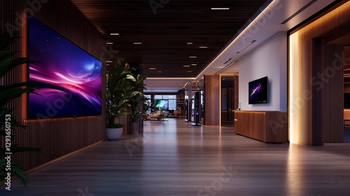 Obraz na płótnie Modern Lobby Interior with Large LED Screens and Warm Lighting w salonie