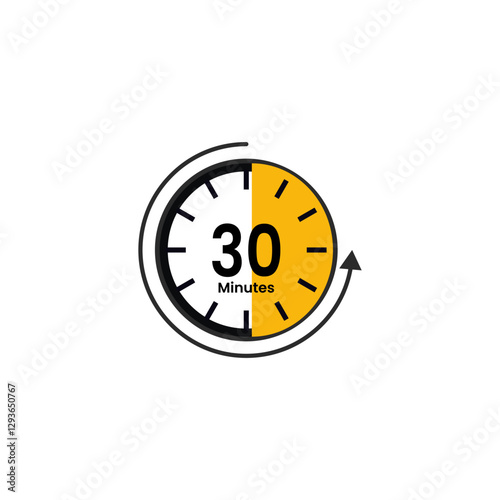 Stopwatch timer clock 30 minutes time countdown with  arrow curving around the clock vector isolated 