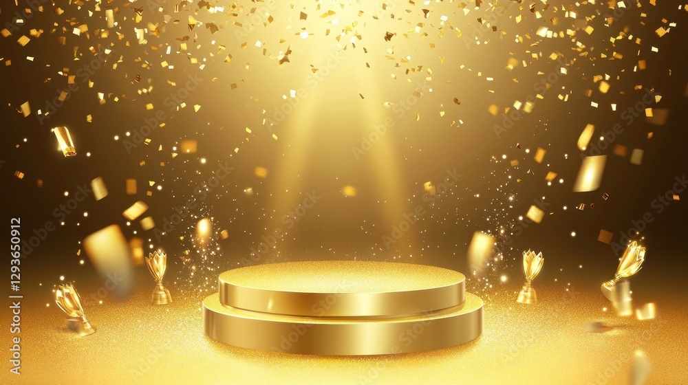 Obraz premium Golden Podium with Confetti and Spotlight for Award Ceremony