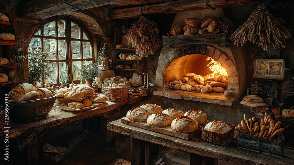 a warm rustic bakery with fresh artisan bread displayed on wooden tables, surrounded by wheat bundles and a glowing stone oven. the cozy atmosphere reflects traditional baking craftsmanship with hand a warm rustic bakery with fresh artisan bread displayed on wooden tables, surrounded by wheat bundles and a glowing stone oven. the cozy atmosphere reflects traditional baking craftsmanship with hand