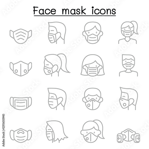Face mask protection virus icons set in thin line style