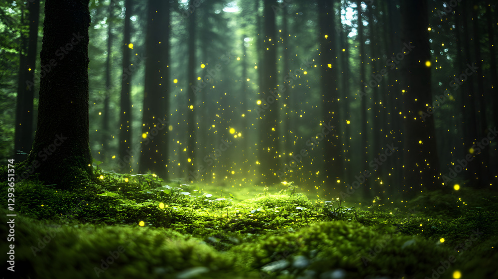 Obraz premium Enchanted Forest: The mystical allure of a primeval forest at dusk, illuminated by the ethereal glow of fireflies dancing amongst the trees