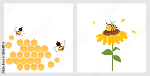 Beehive honey signs with hexagon grid cells and bee cartoons and sunflower isolated on white background.