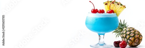Blue Lagoon Cocktail with Pineapple and Cherries - Refreshing blue lagoon cocktail garnished with pineapple and cherries. Symbolizes summer, relaxation, tropical escape, vibrant energy photo