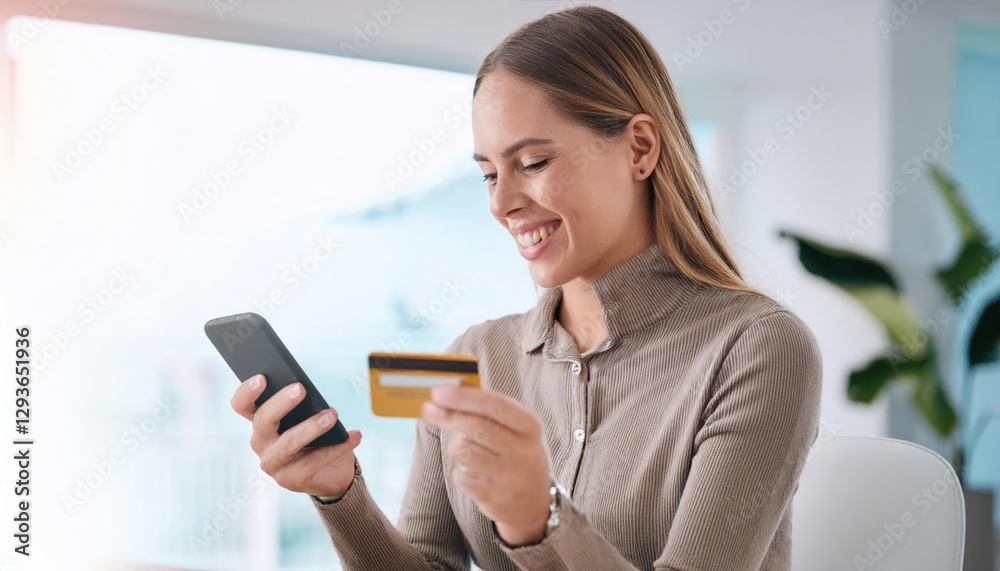 Happy woman, phone or payment with credit card for online shopping or fintech purchase at office Happy woman, phone or payment with credit card for online shopping or fintech purchase at office