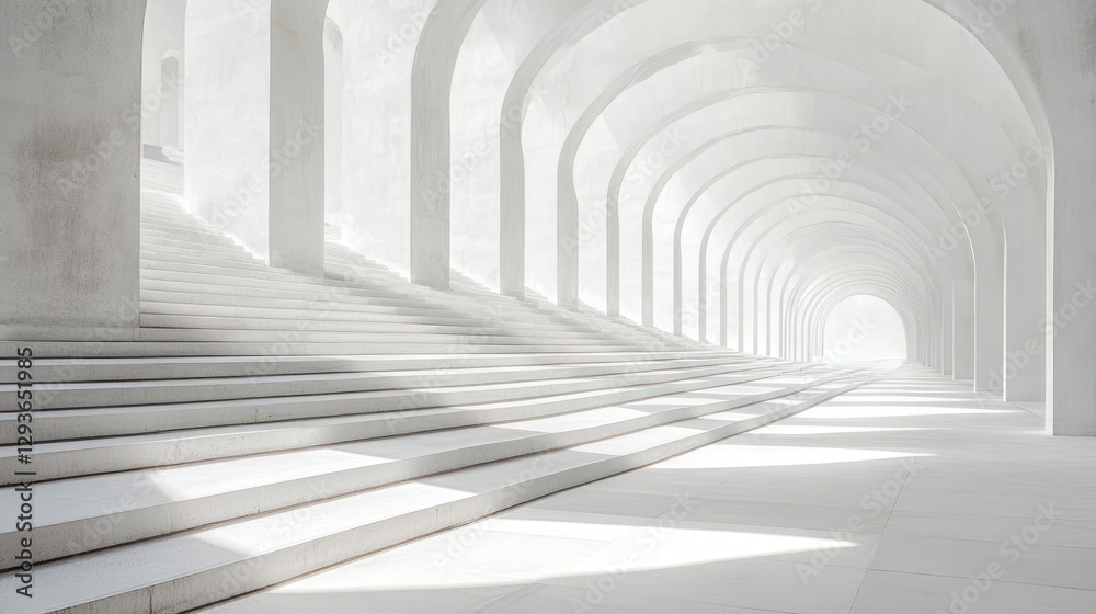 Obraz premium White archway hallway with steps, modern architecture, light and shadow