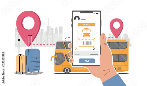 Concept illustration of intercity bus transportation. Buying a ticket online on your smartphone. Vector illustration.