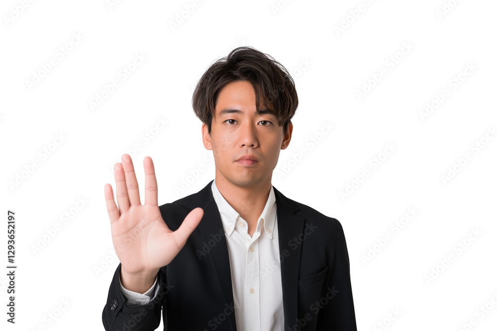 Serious East Asian male analyst gesturing stop with palm isolated on transparent white background