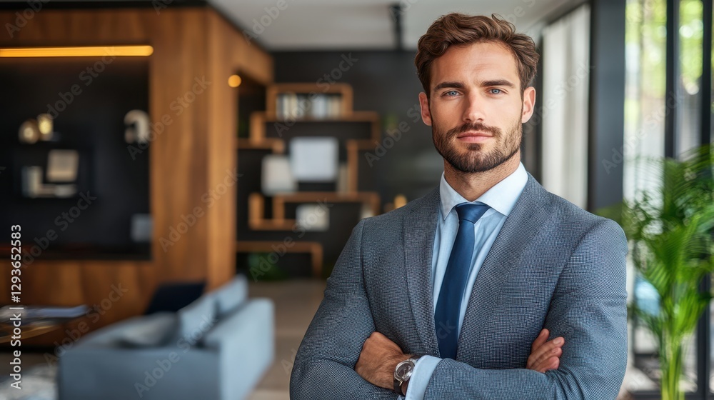 A well-dressed Arab man in a suit and tie stands confidently in a stylish living room, showcasing elegance and cultural sophistication. A well-dressed Arab man in a suit and tie stands confidently in a stylish living room, showcasing elegance and cultural sophistication.