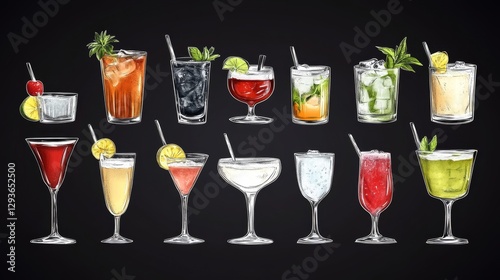 Collection of Colorful Cocktails - A vibrant collection of hand-drawn cocktail illustrations, perfect for menus, bar promotions, or websites. Showcase your drink selection with