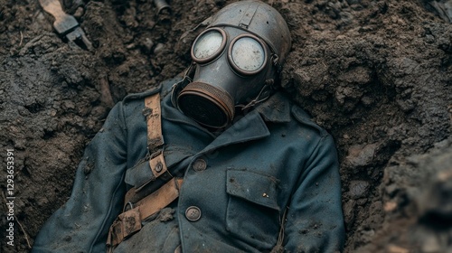 Historical artifact a trench coat and gas mask in a wwi trench war relic somber environment close-up perspective