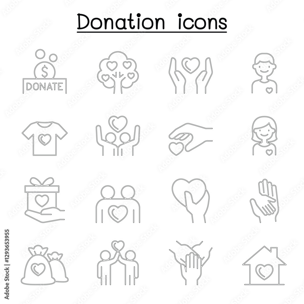 Set of Donation & charity line icons. contains such Icons as, volunteer, fundraiser, kindness, giving, assistance, support, care and more. Set of Donation & charity line icons. contains such Icons as, volunteer, fundraiser, kindness, giving, assistance, support, care and more.