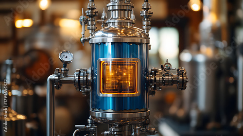 Distillation Apparatus: Close-up of a gleaming, industrial-style distillation apparatus, its blue metallic frame housing a glowing amber liquid within a glass viewport.