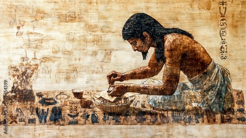 Ancient egyptian scribe writing hieroglyphs on papyrus historical scene indoor artistic perspective culture insight