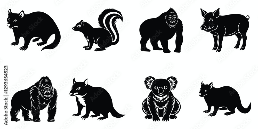 Obraz premium Set of animals, black and white linocut silhouette