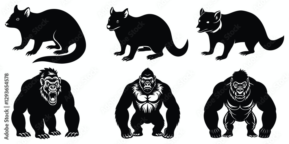 Naklejka premium Set of animals, black and white linocut silhouette