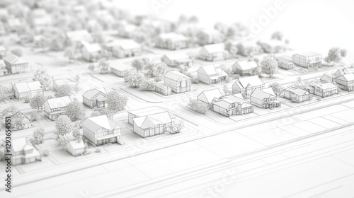 Monochrome suburban streetscape, 3D model, rendering, background