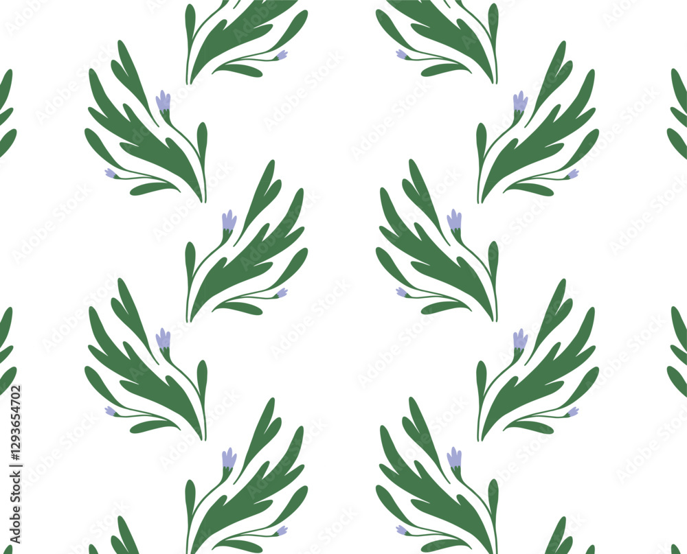 Seamless botanical pattern with hand-drawn Green Branches and small Flowers. Elegant floral texture for fabric, wallpaper, wrapping. Minimal flat vector illustration. Seamless botanical pattern with hand-drawn Green Branches and small Flowers. Elegant floral texture for fabric, wallpaper, wrapping. Minimal flat vector illustration.